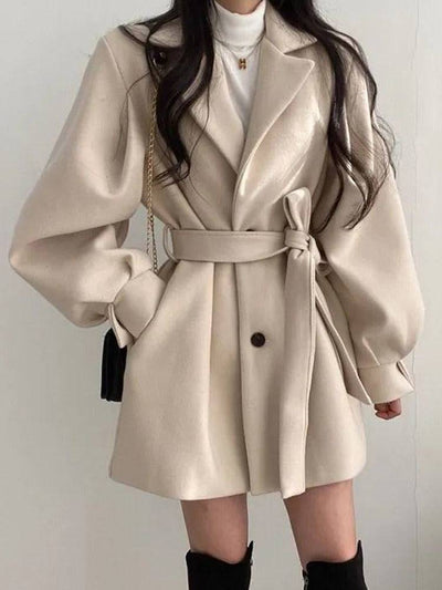 Hepburn style waistband woolen coat for women's autumn and winter lace up woolen coat