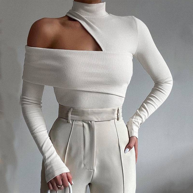 Knitted Turtleneck Long Sleeve Top Hollow Out White Sexy Club T Shirt Women Slim Skinny Tee Lady Sexy Club Party Body Top - Hot fashionista