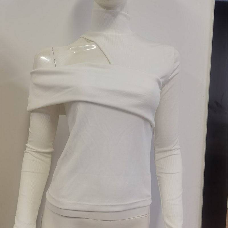 Knitted Turtleneck Long Sleeve Top Hollow Out White Sexy Club T Shirt Women Slim Skinny Tee Lady Sexy Club Party Body Top