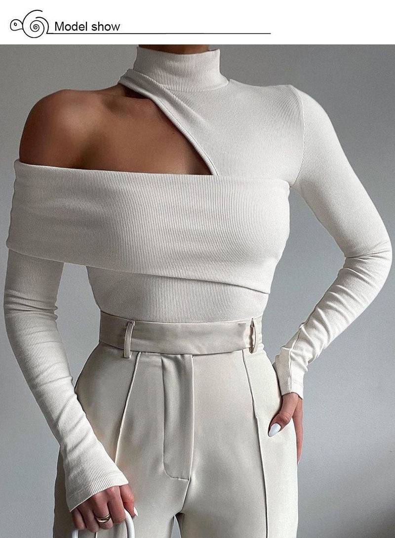 Knitted Turtleneck Long Sleeve Top Hollow Out White Sexy Club T Shirt Women Slim Skinny Tee Lady Sexy Club Party Body Top