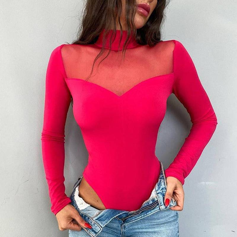 M22BS573 Women's Autumn New Color Mesh Splice Long Sleeve Versatile Bottom Slim Top