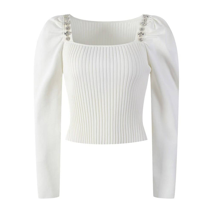 Slim White Sweater For Women Square Collar Long Sleeve Patchwork Diamonds Solid Knitting Pullover Female Clothing - Hot fashionista