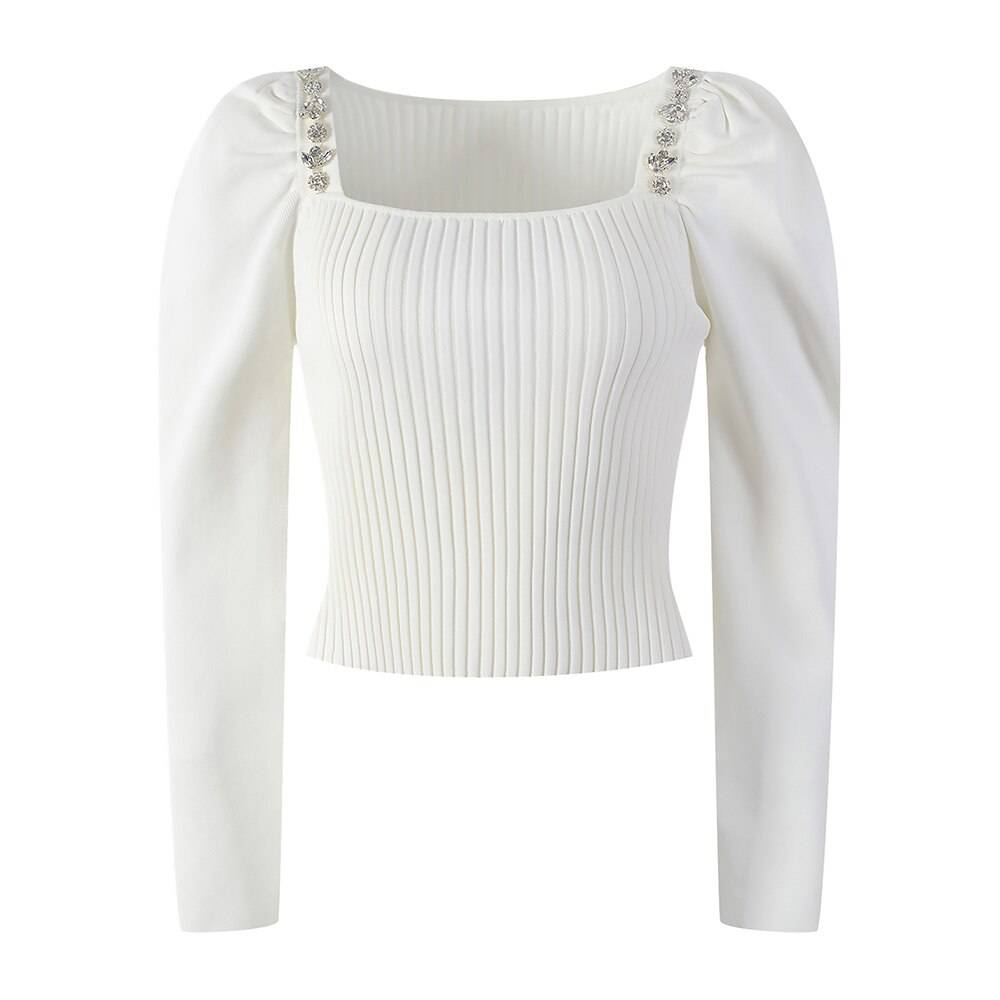 Suéter blanco ajustado para mujer, cuello cuadrado, manga larga, patchwork, diamantes, tejido liso, ropa femenina 