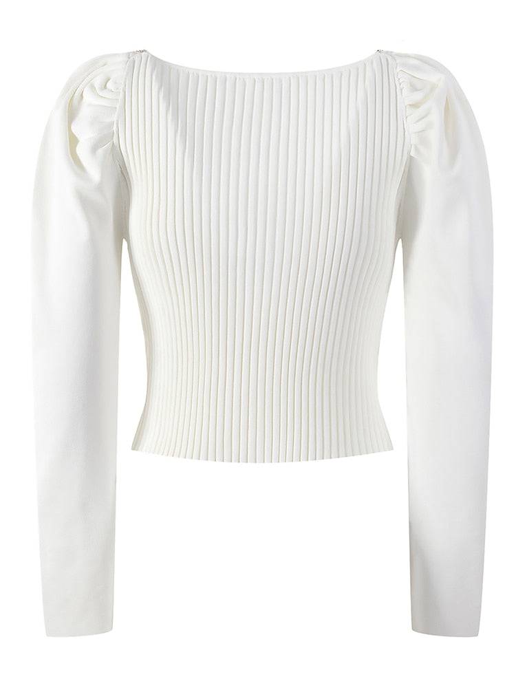 Pull blanc slim pour femme, col carré, manches longues, patchwork, diamants, tricot solide, vêtements pour femmes