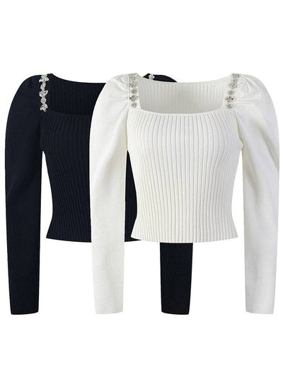 Pull blanc slim pour femme, col carré, manches longues, patchwork, diamants, tricot solide, vêtements pour femmes