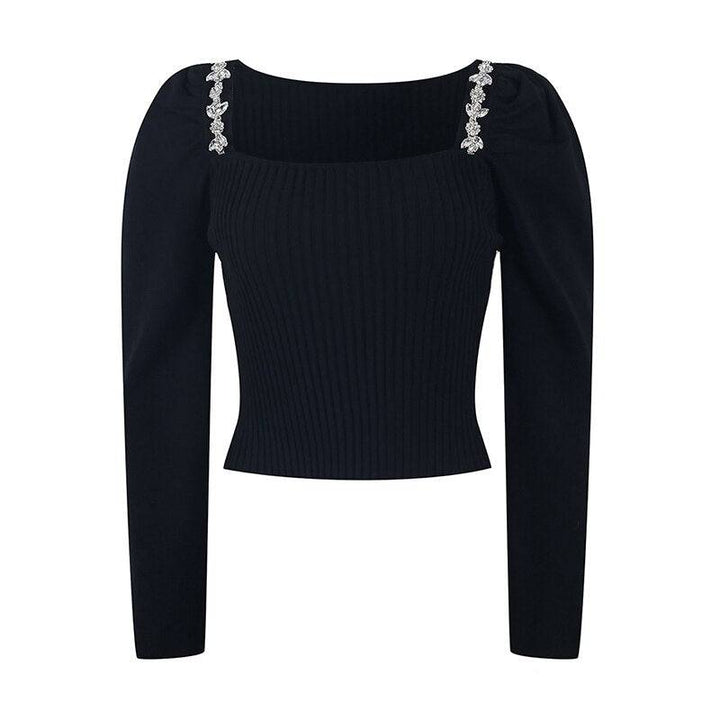 Slim White Sweater For Women Square Collar Long Sleeve Patchwork Diamonds Solid Knitting Pullover Female Clothing - Hot fashionista