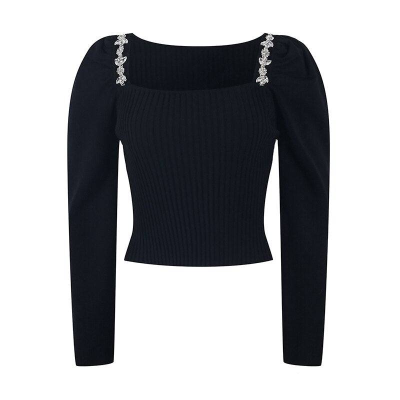 Slim White Sweater For Women Square Collar Long Sleeve Patchwork Diamonds Solid Knitting Pullover Female Clothing