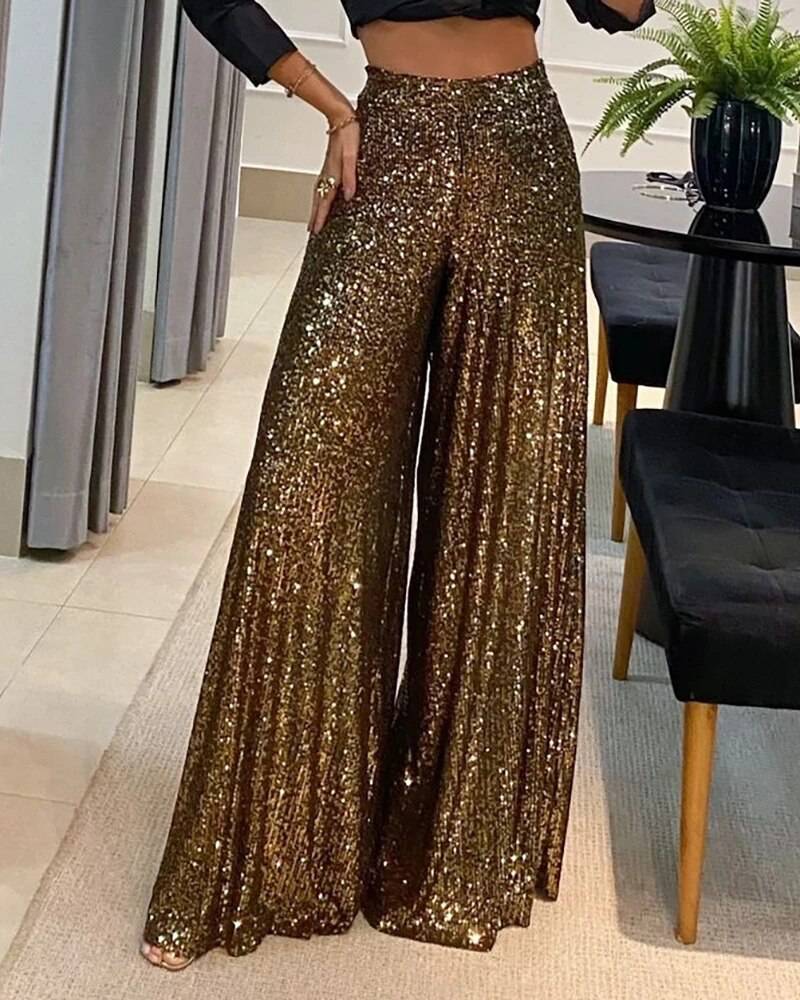 Women Casual Night Out Party Leggings Glamorous Elegant Sexy Bling Bling Trousers High Waist Sequin Flared Pants - Hot fashionista