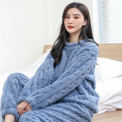 Coral velvet pajamas women's jacquard warm suit autumn and winter thickened plus velvet long sleeves with cuffs