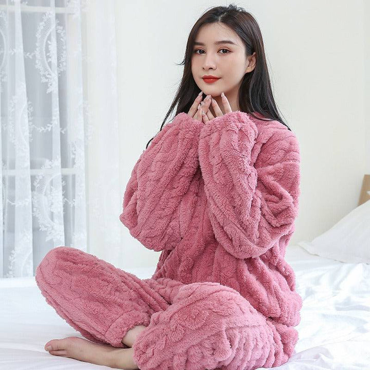 Coral velvet pajamas women's jacquard warm suit autumn and winter thickened plus velvet long sleeves with cuffs - Hot fashionista