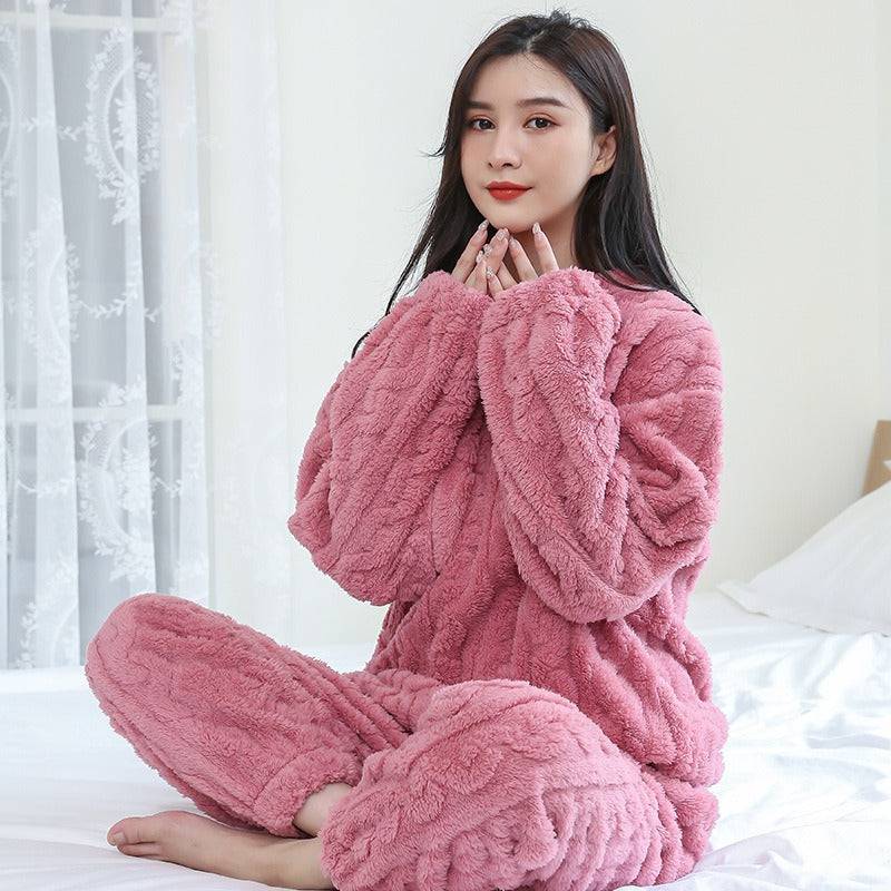 Coral velvet pajamas women's jacquard warm suit autumn and winter thickened plus velvet long sleeves with cuffs