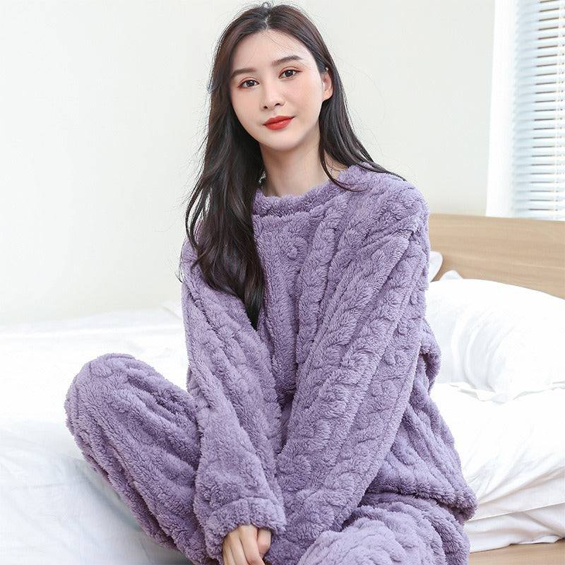 Coral velvet pajamas women's jacquard warm suit autumn and winter thickened plus velvet long sleeves with cuffs - Hot fashionista