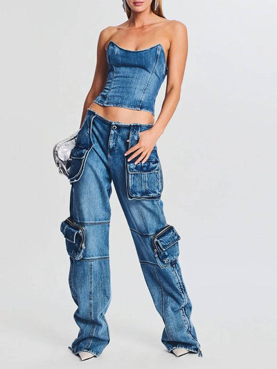 Fashion trendsetter autumn mid waist buckle multi pocket workwear version floor mopping loose denim women's casual pants