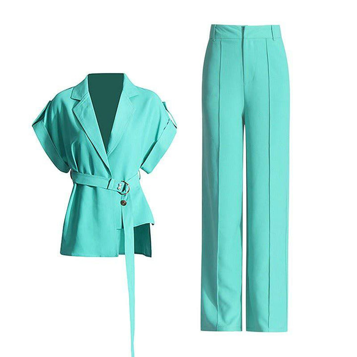 Pree V-neck tie up waist slimming top+high waisted wide leg pants two-piece set - Hot fashionista