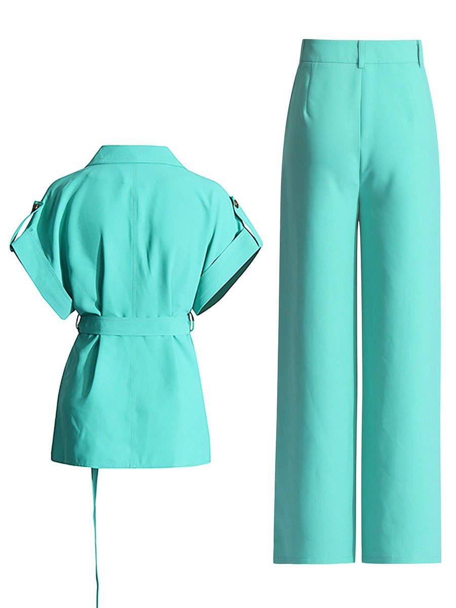 Pree V-neck tie up waist slimming top+high waisted wide leg pants two-piece set