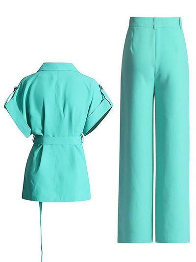 Pree V-neck tie up waist slimming top+high waisted wide leg pants two-piece set