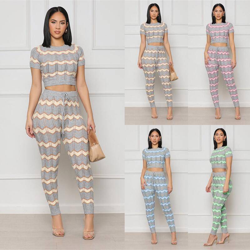 Women's Spring Color Matching Woolen Suit Wave Pattern Tight Knit Two-Piece Set - Hot fashionista