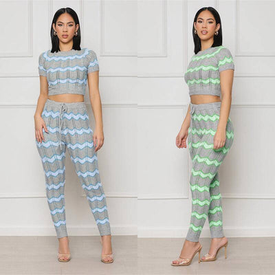 Women's Spring Color Matching Woolen Suit Wave Pattern Tight Knit Two-Piece Set