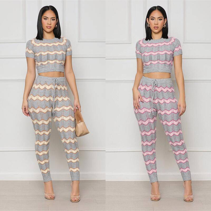 Women's Spring Color Matching Woolen Suit Wave Pattern Tight Knit Two-Piece Set