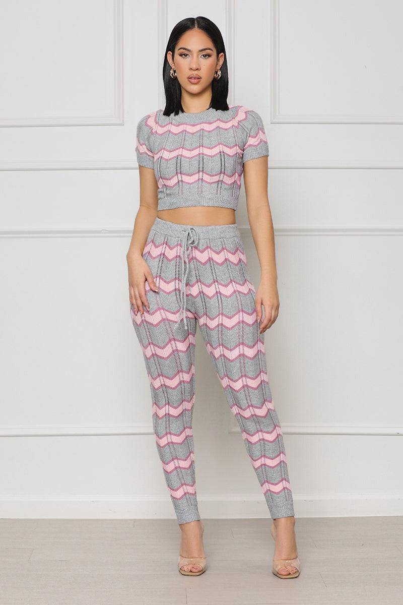 Women's Spring Color Matching Woolen Suit Wave Pattern Tight Knit Two-Piece Set