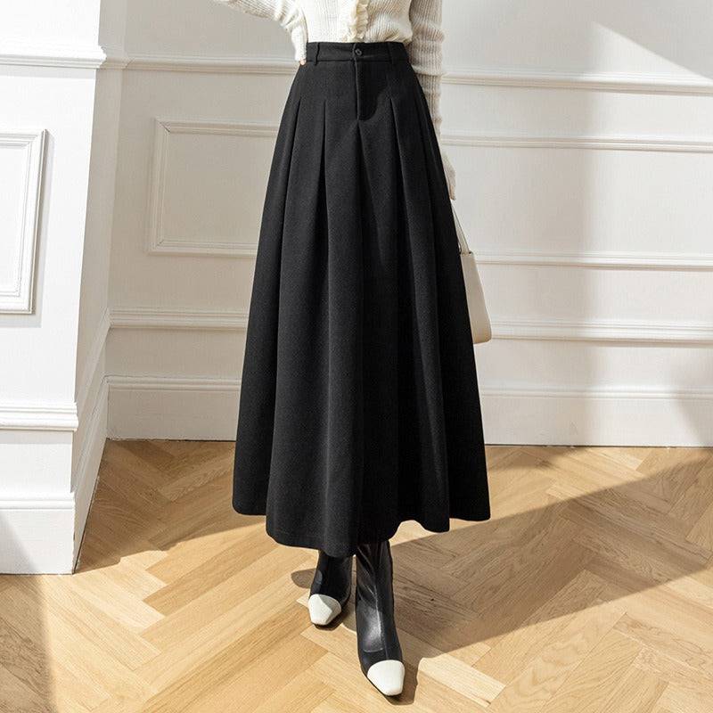 Long half length skirt for winter wear, new high waisted Korean version of woolen fabric with large pleats covering the hips, showing slimming woolen long skirt - Hot fashionista