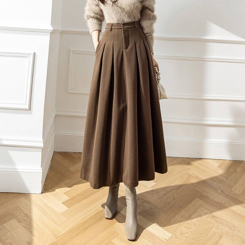 Long half length skirt for winter wear, new high waisted Korean version of woolen fabric with large pleats covering the hips, showing slimming woolen long skirt