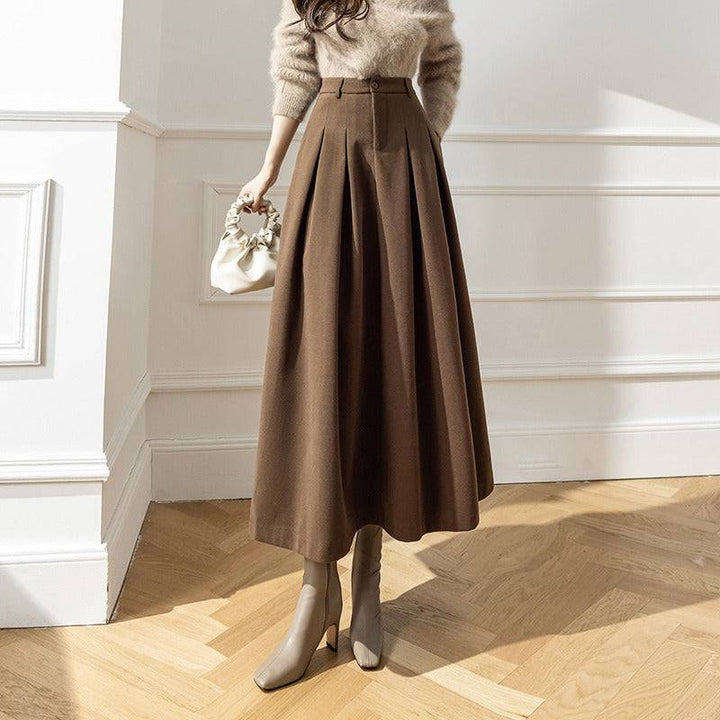 Long half length skirt for winter wear, new high waisted Korean version of woolen fabric with large pleats covering the hips, showing slimming woolen long skirt - Hot fashionista