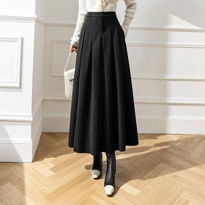 Long half length skirt for winter wear, new high waisted Korean version of woolen fabric with large pleats covering the hips, showing slimming woolen long skirt