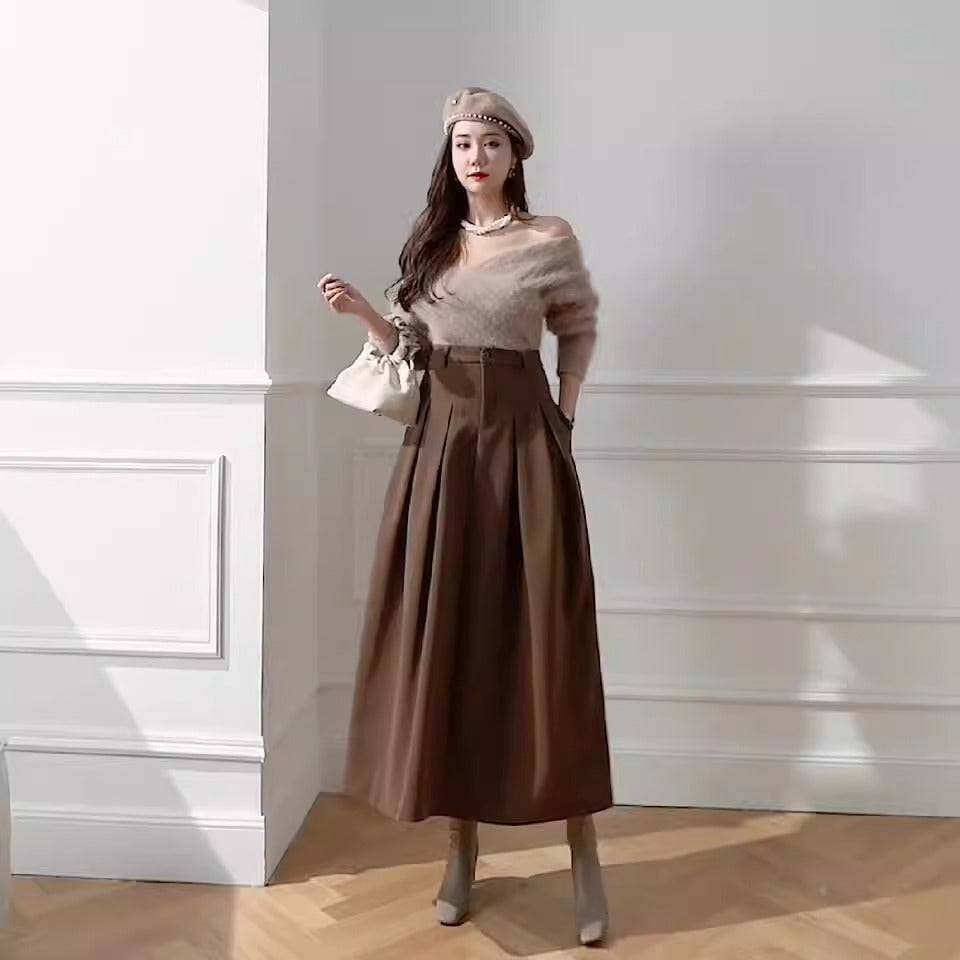 Long half length skirt for winter wear, new high waisted Korean version of woolen fabric with large pleats covering the hips, showing slimming woolen long skirt - Hot fashionista