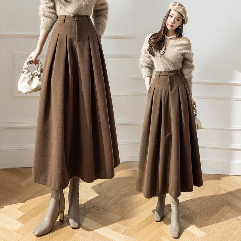 Long half length skirt for winter wear, new high waisted Korean version of woolen fabric with large pleats covering the hips, showing slimming woolen long skirt - Hot fashionista