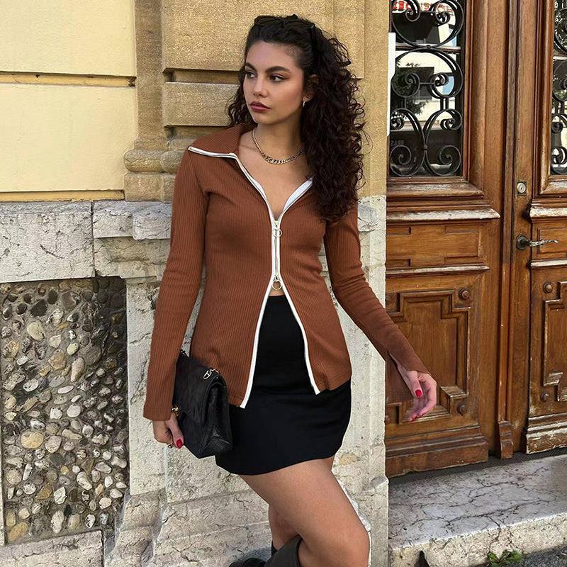 Winter New Women's Polo Long Sleeve Zip Cardigan Fashion Color Contrast Slim T-Shirt