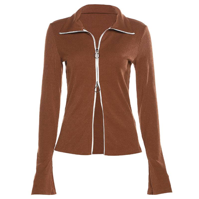 Winter New Women's Polo Long Sleeve Zip Cardigan Fashion Color Contrast Slim T-Shirt