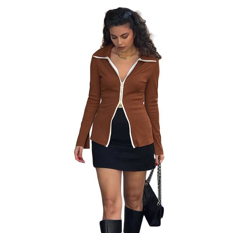 Winter New Women's Polo Long Sleeve Zip Cardigan Fashion Color Contrast Slim T-Shirt