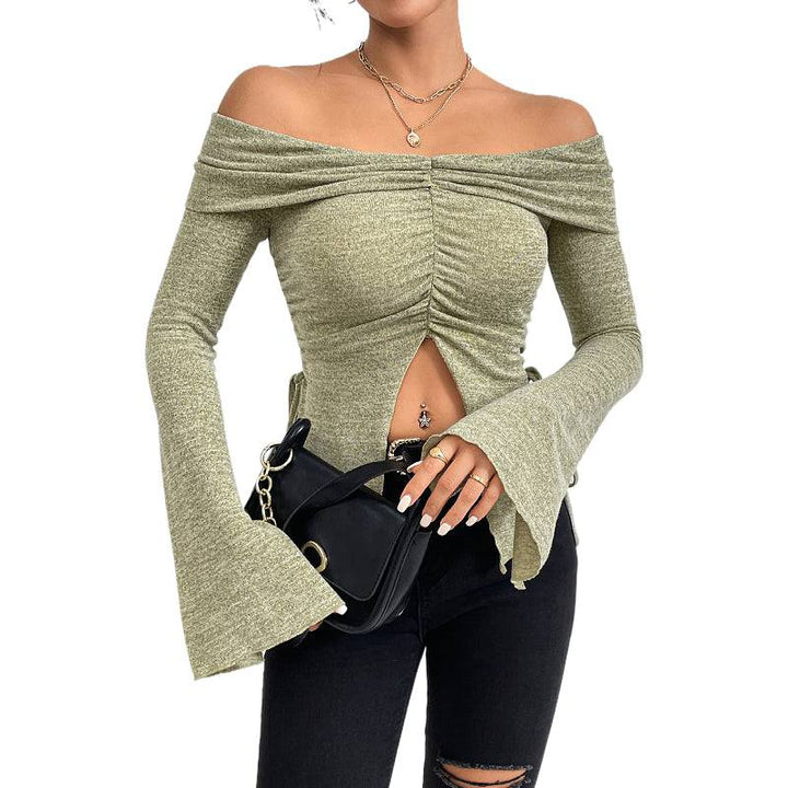 One line neckline split flared sleeve long sleeved knitted T-shirt top - Hot fashionista