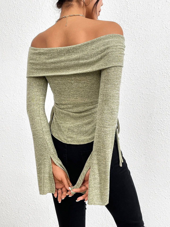 One line neckline split flared sleeve long sleeved knitted T-shirt top - Hot fashionista