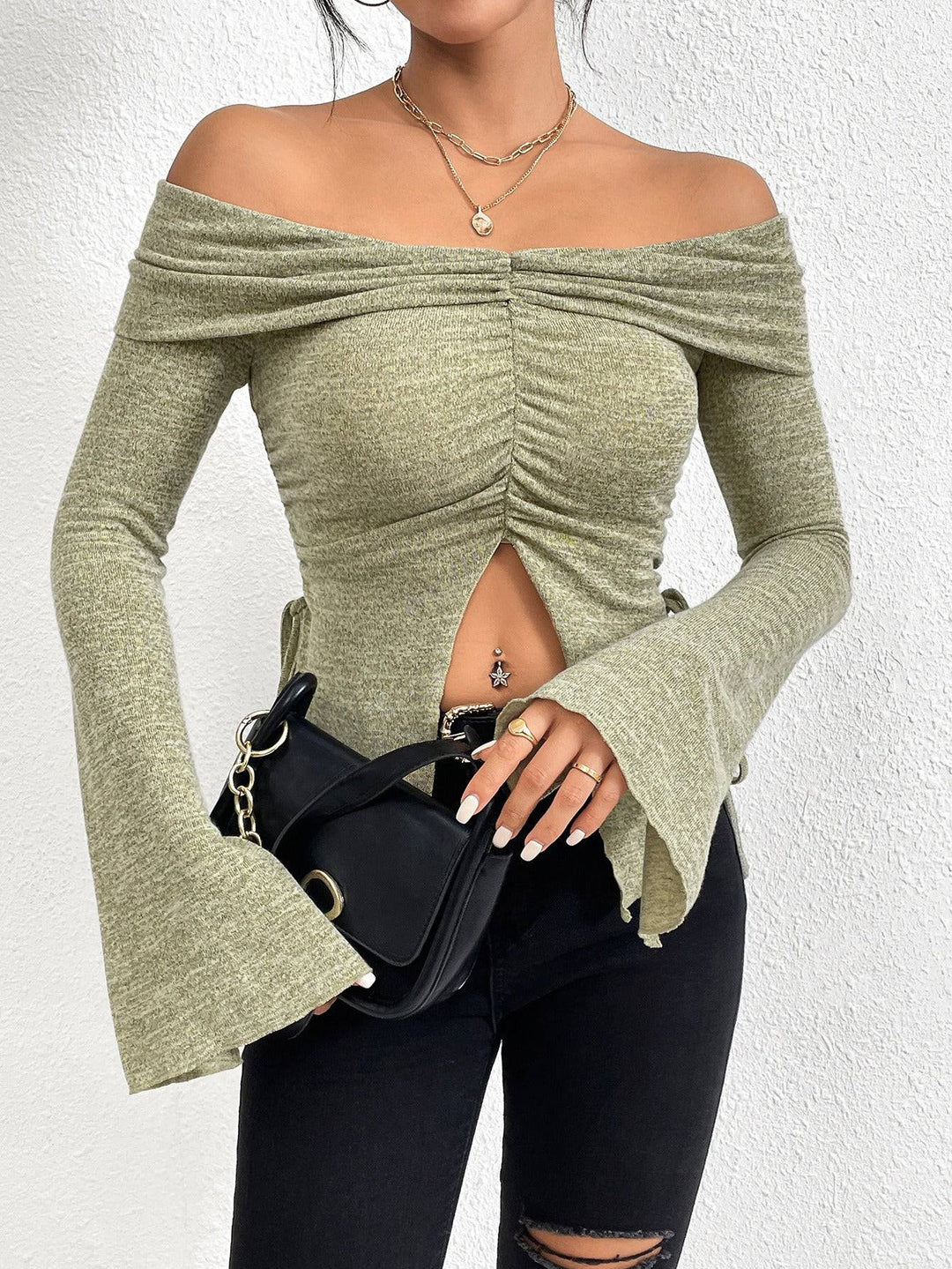 One line neckline split flared sleeve long sleeved knitted T-shirt top - Hot fashionista