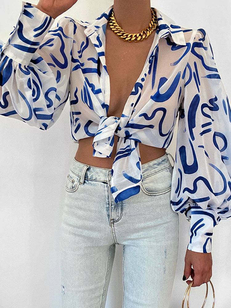 Long Lantern Sleeve Print Women Shirt Elegant Lapel Floral Pleated Office Ladies Shirts Summer Loose Fashion Tops - Hot fashionista