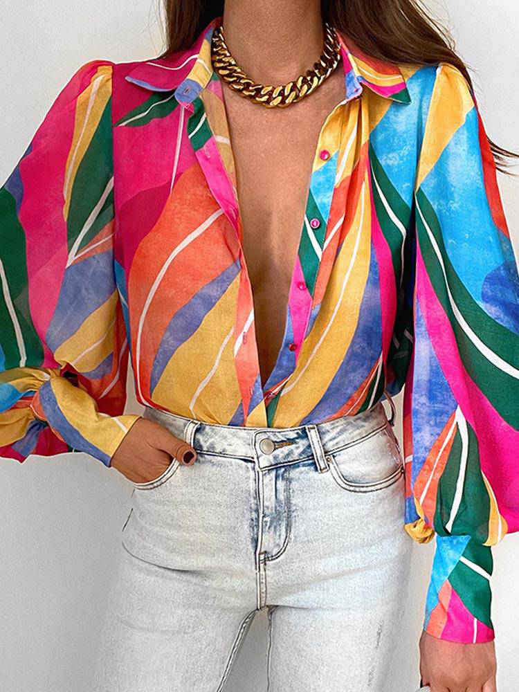 Long Lantern Sleeve Print Women Shirt Elegant Lapel Floral Pleated Office Ladies Shirts Summer Loose Fashion Tops