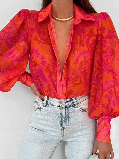 Long Lantern Sleeve Print Women Shirt Elegant Lapel Floral Pleated Office Ladies Shirts Summer Loose Fashion Tops