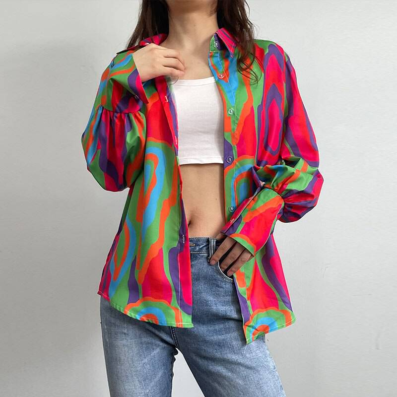 Long Lantern Sleeve Print Women Shirt Elegant Lapel Floral Pleated Office Ladies Shirts Summer Loose Fashion Tops - Hot fashionista