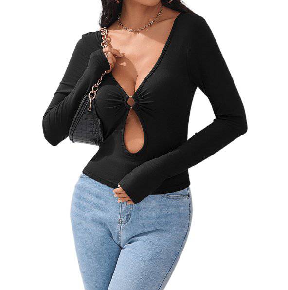 Hollow sexy T-shirt versatile knit slimming and slim fitting inner top - Hot fashionista