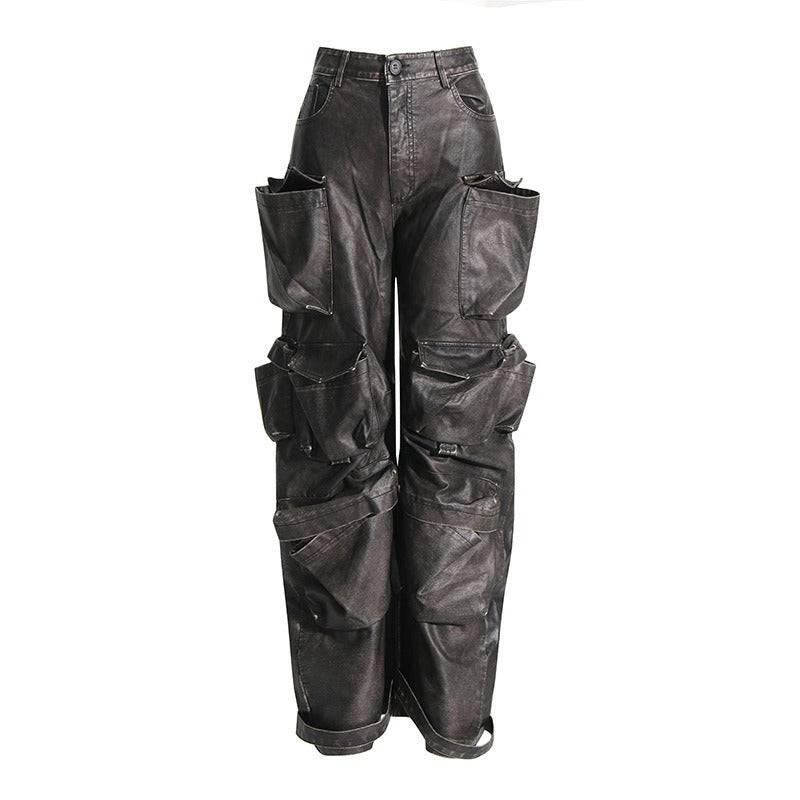 Old work style casual pants for autumn 2023, new design with patchwork pockets, high waisted wide leg leather pants for women