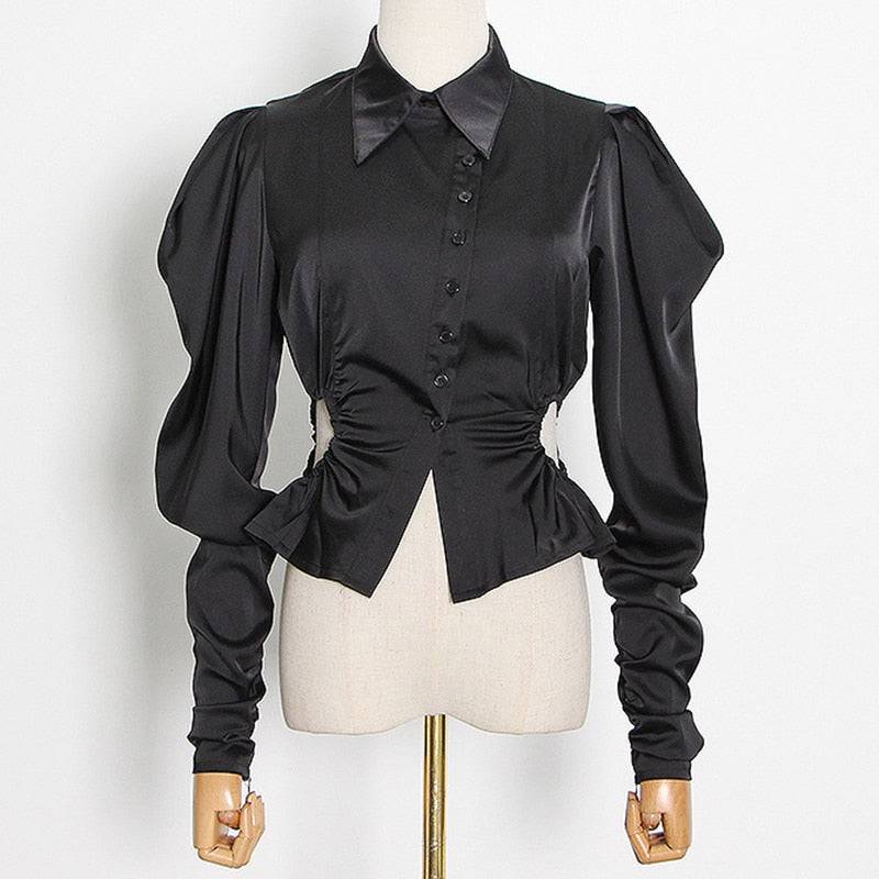 Niche Style Design Top New Personality Lapel Single Breast Open Waist Blouse