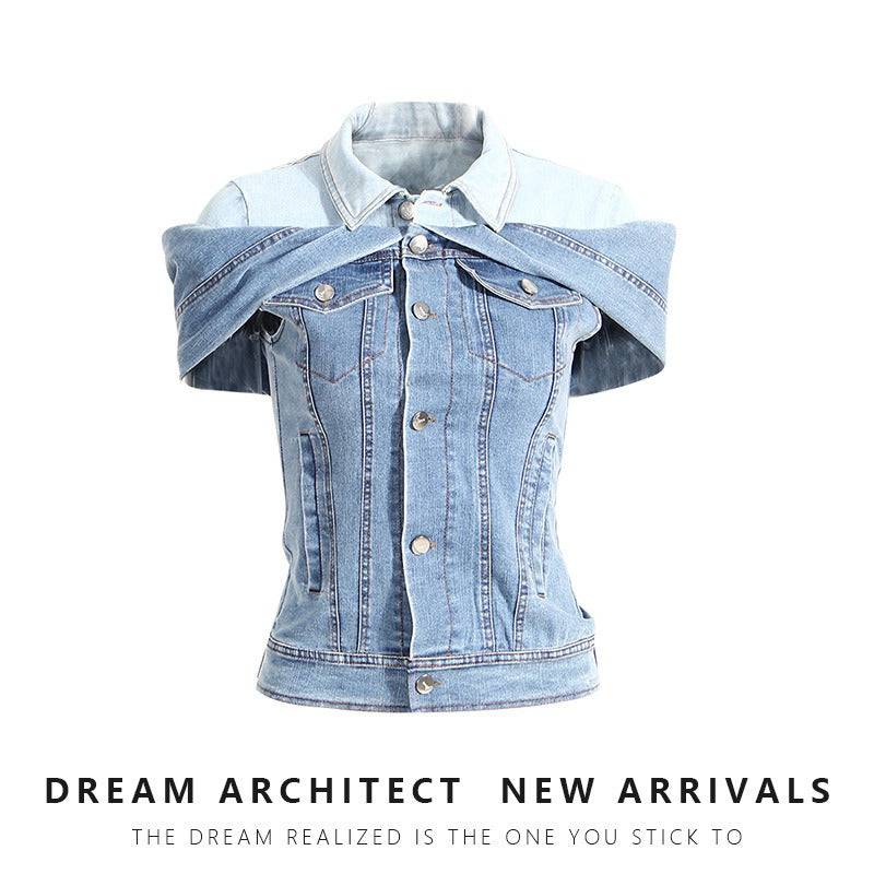 Sweet Cool Folding Shirt Slim Denim Shirt Color Matching Fake Two Pieces Off Shoulder Waist Pulling Denim Shirt Female