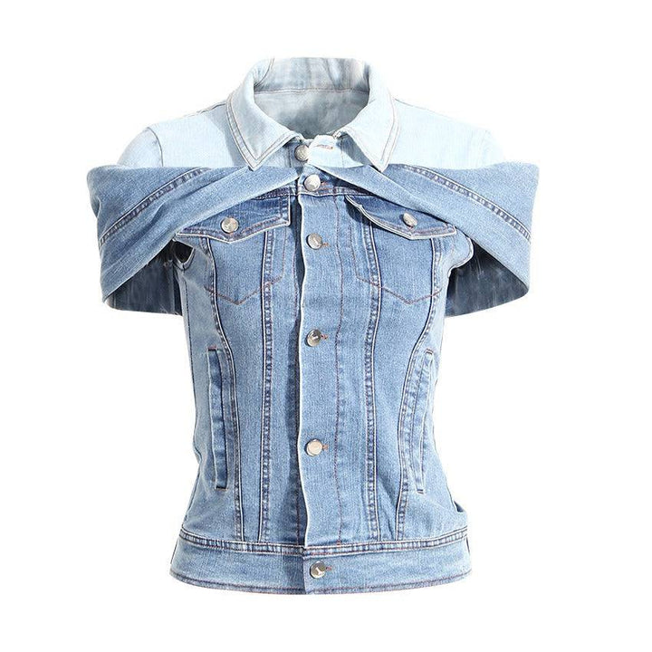 Sweet Cool Folding Shirt Slim Denim Shirt Color Matching Fake Two Pieces Off Shoulder Waist Pulling Denim Shirt Female - Hot fashionista