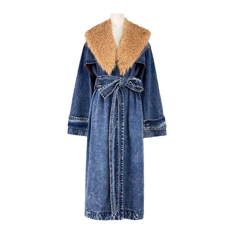 Denim Overcoat Fur Collar Belt Patchwork Pockets - Hot fashionista