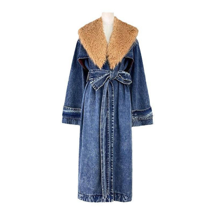 Denim Overcoat Fur Collar Belt Patchwork Pockets - Hot fashionista