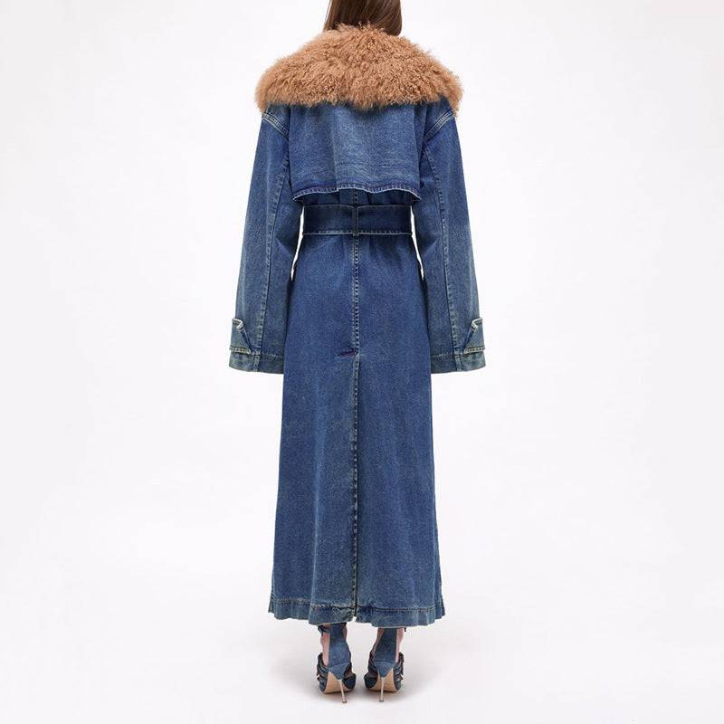 Denim Overcoat Fur Collar Belt Patchwork Pockets