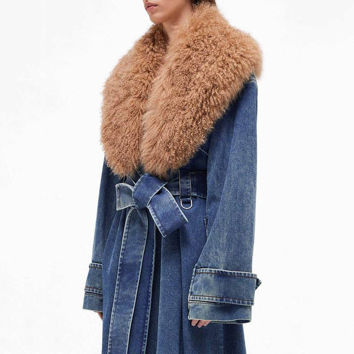 Denim Overcoat Fur Collar Belt Patchwork Pockets - Hot fashionista