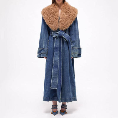 Denim Overcoat Fur Collar Belt Patchwork Pockets